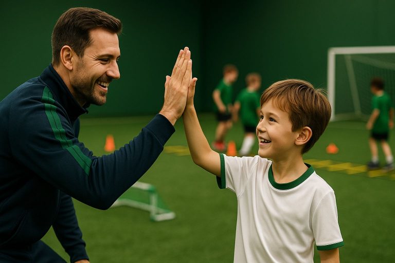Trainer und Kind geben sich ein High-Five