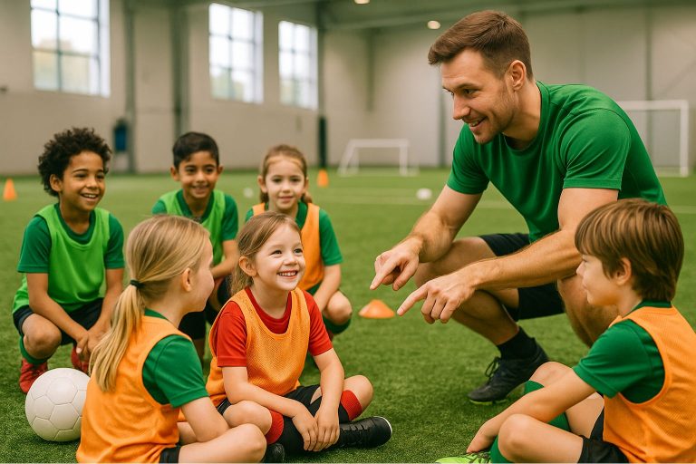 Kinder trainieren in kleiner Gruppe mit zwei Trainern