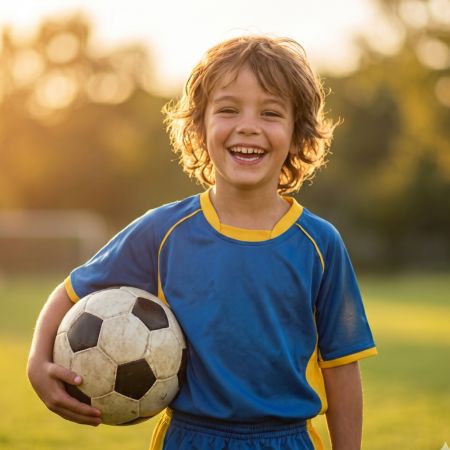Lachendes Kind im Trikot mit Fußball – die Fußballschule Lörrach, in der dein Kind im Mittelpunkt steht