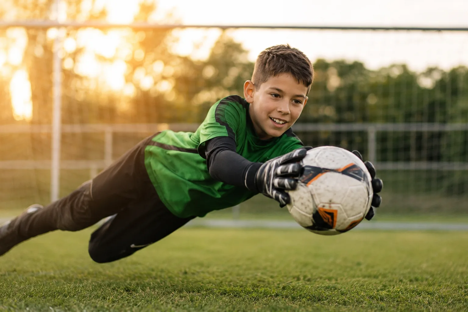 Junger Torhüter fliegt und fängt den Ball – Torwarttraining für Kinder bei den Fussballhelden Lörrach