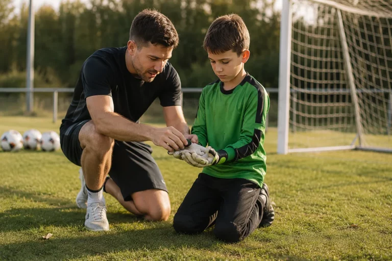 Trainer zeigt einem Kind die richtige Handstellung mit Torwarthandschuhen